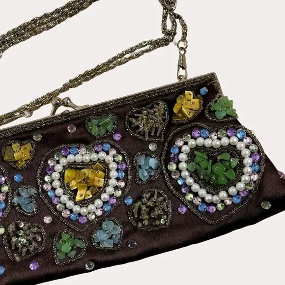 Lapis Beaded Satin Handbag Evening Mini Shoulder Bag Purse Chain Strap bv - Picture 3 of 8